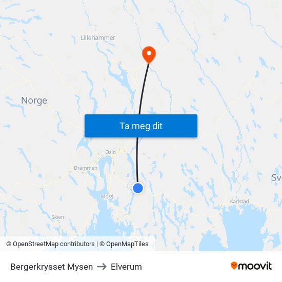 Bergerkrysset Mysen to Elverum map