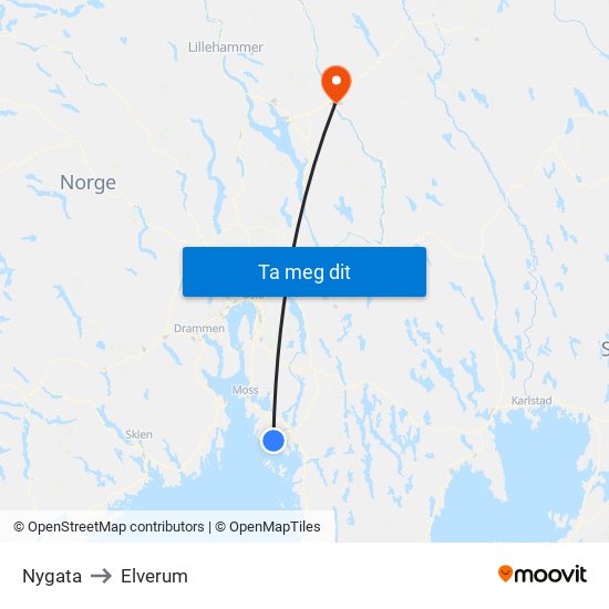 Nygata to Elverum map