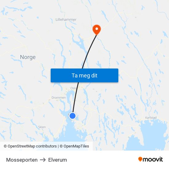 Mosseporten to Elverum map