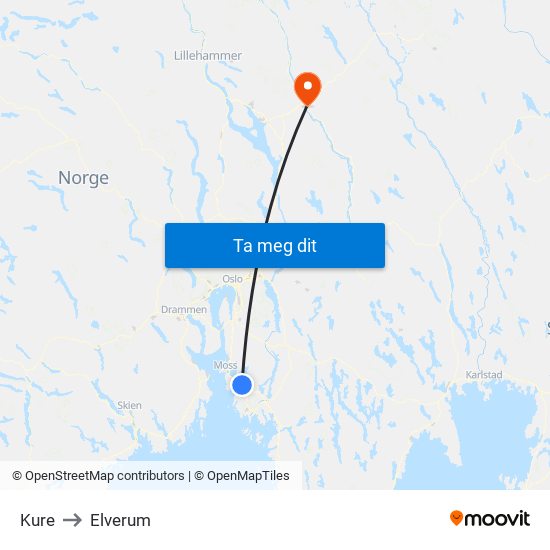 Kure to Elverum map