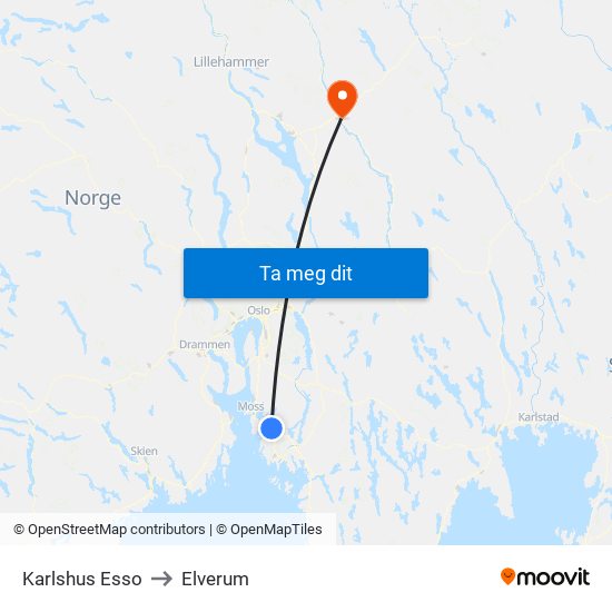 Karlshus Esso to Elverum map