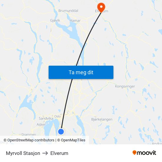 Myrvoll Stasjon to Elverum map