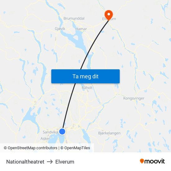 Nationaltheatret to Elverum map