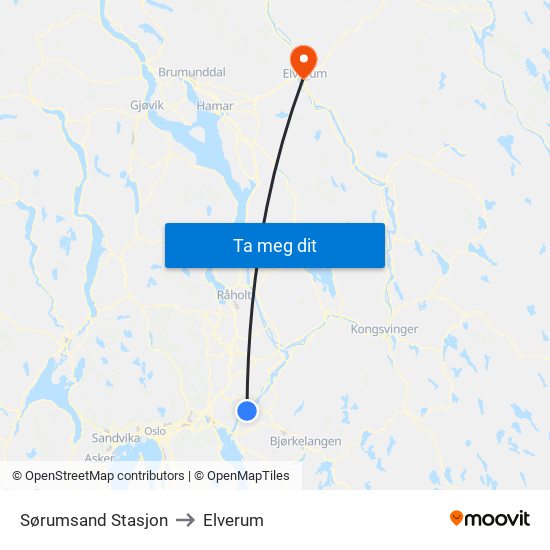 Sørumsand Stasjon to Elverum map