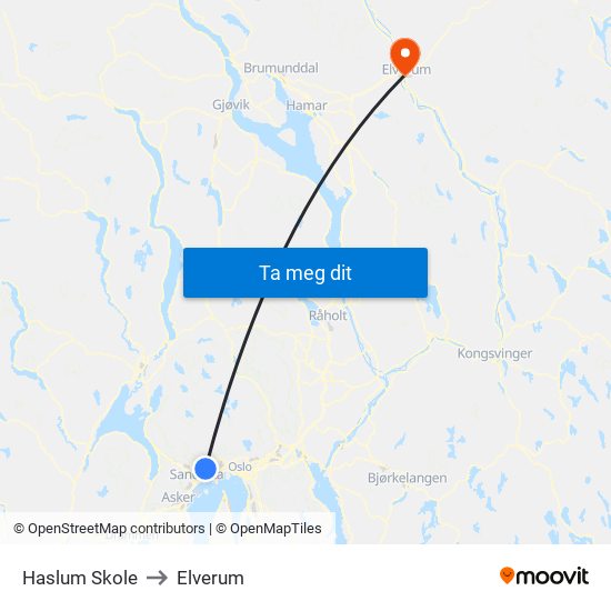 Haslum Skole to Elverum map