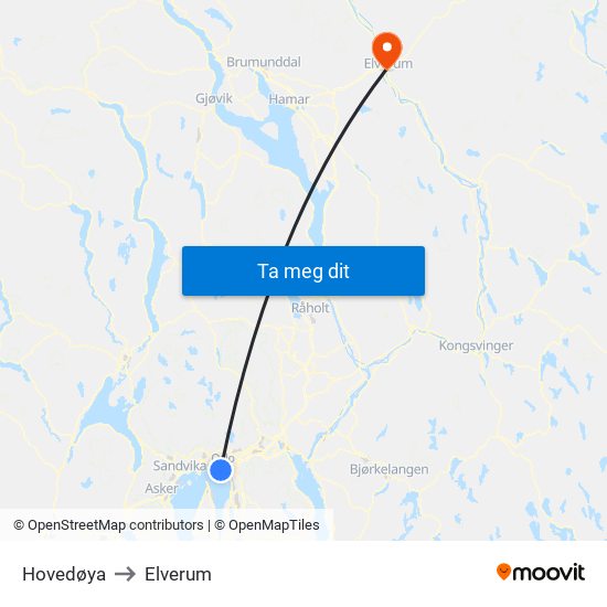 Hovedøya to Elverum map