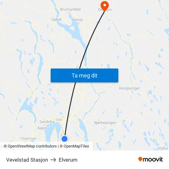 Vevelstad Stasjon to Elverum map