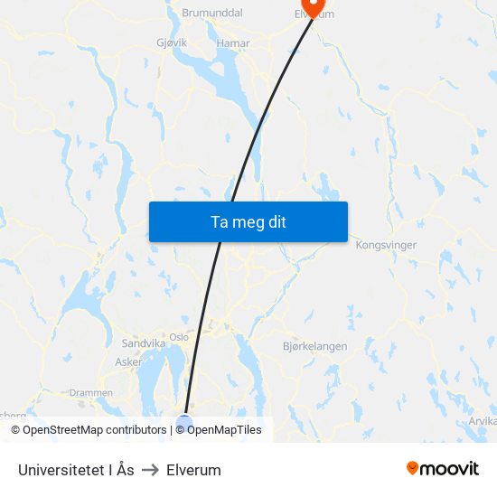 Universitetet I Ås to Elverum map