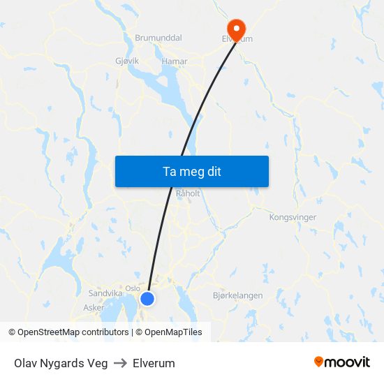 Olav Nygards Veg to Elverum map