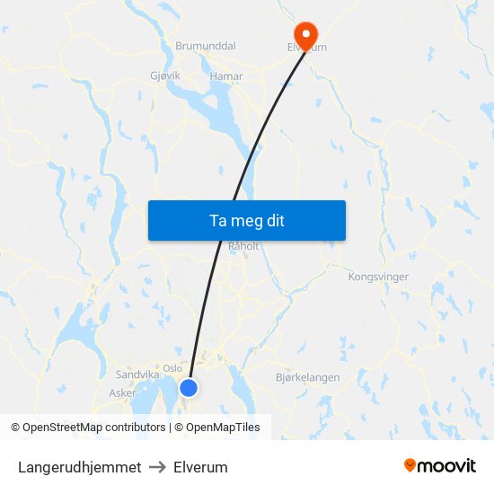 Langerudhjemmet to Elverum map