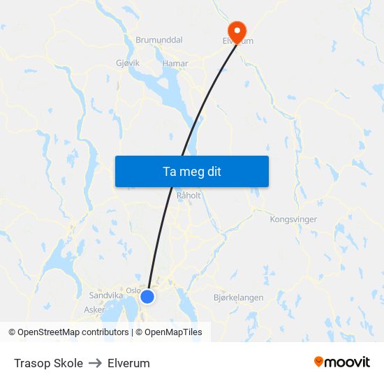 Trasop Skole to Elverum map
