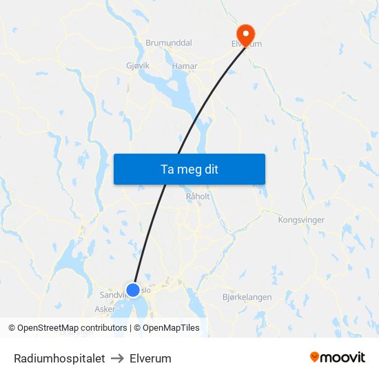 Radiumhospitalet to Elverum map