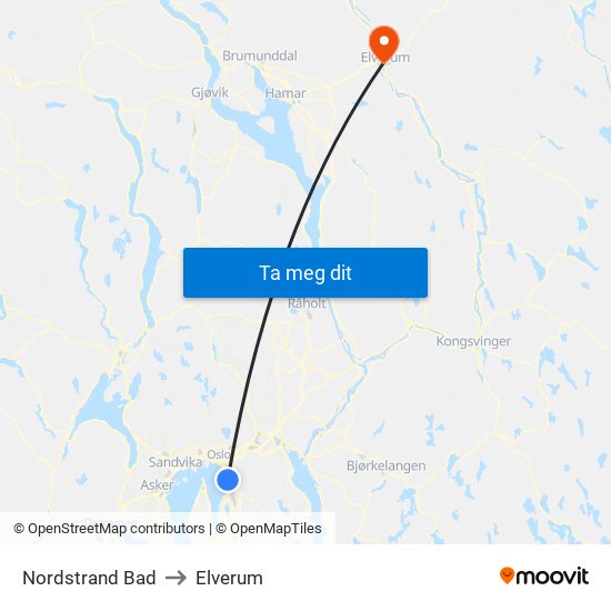 Nordstrand Bad to Elverum map