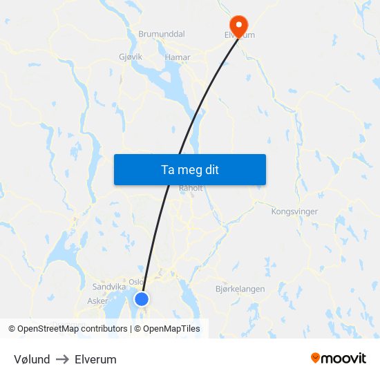 Vølund to Elverum map