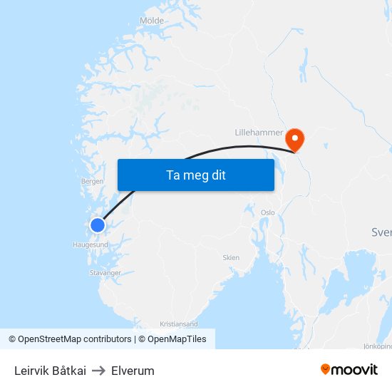 Leirvik Båtkai to Elverum map