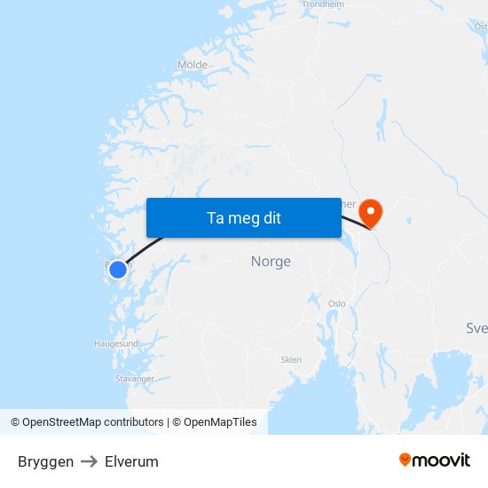 Bryggen to Elverum map