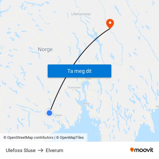 Ulefoss Sluse to Elverum map