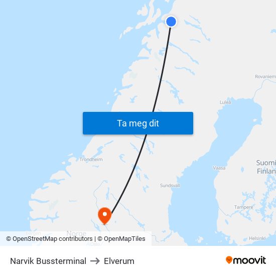 Narvik Bussterminal to Elverum map