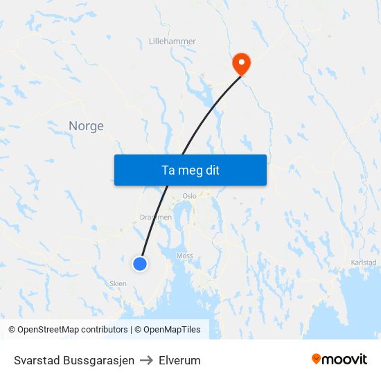 Svarstad Bussgarasjen to Elverum map