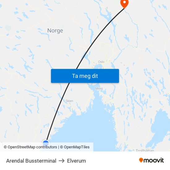Arendal Bussterminal to Elverum map