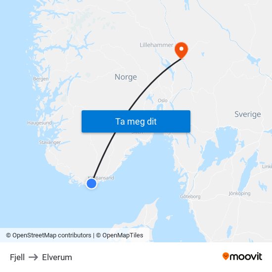 Fjell to Elverum map