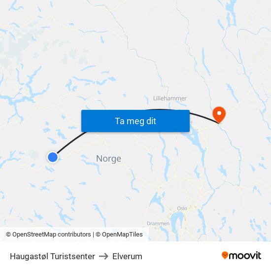 Haugastøl Turistsenter to Elverum map