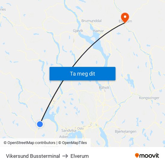 Vikersund Bussterminal to Elverum map