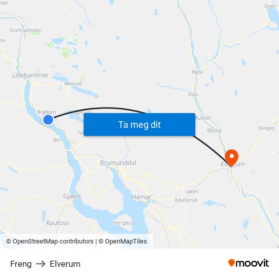 Freng to Elverum map