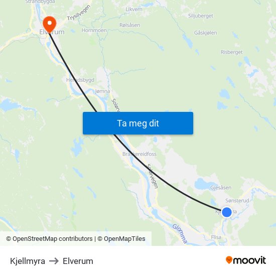 Kjellmyra to Elverum map