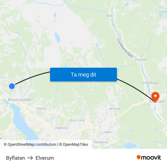 Byflaten to Elverum map