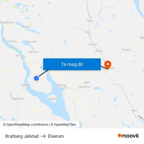 Bratberg Jølstad to Elverum map