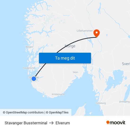 Stavanger Bussterminal to Elverum map