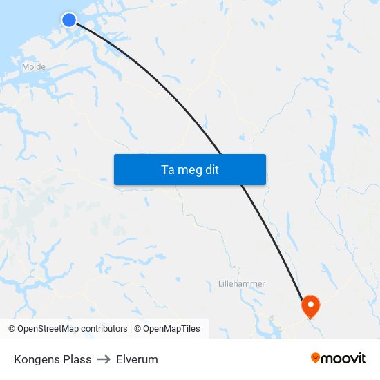 Kongens Plass to Elverum map