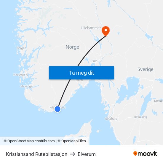 Kristiansand Rutebilstasjon to Elverum map