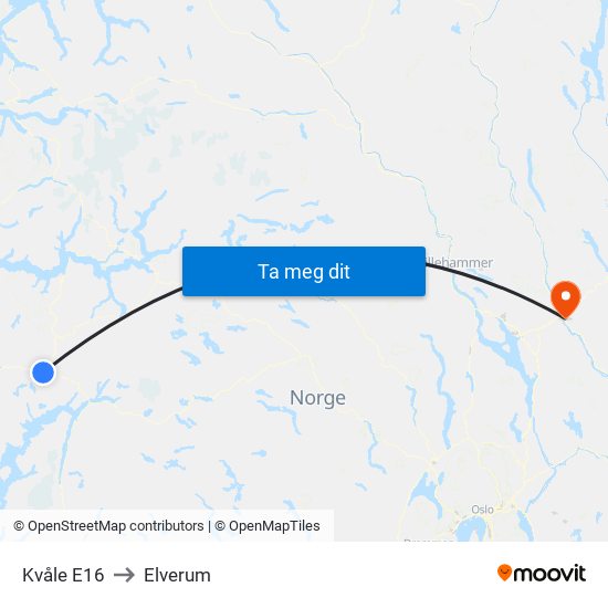 Kvåle E16 to Elverum map