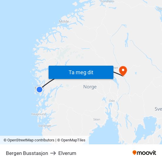 Bergen Busstasjon to Elverum map