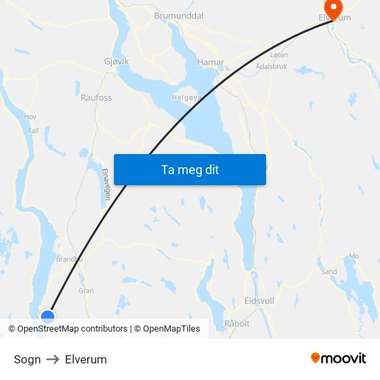 Sogn to Elverum map