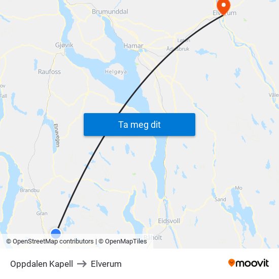 Oppdalen Kapell to Elverum map