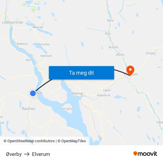 Øverby to Elverum map