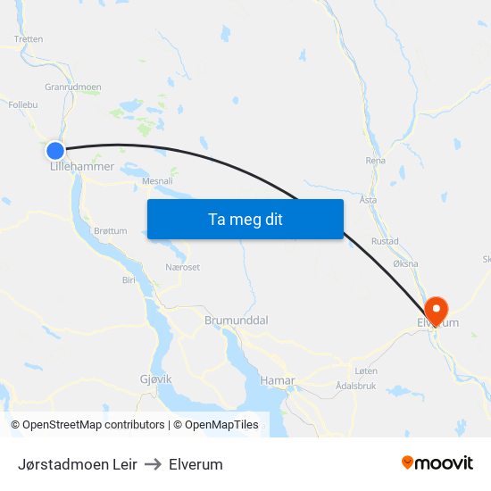 Jørstadmoen Leir to Elverum map