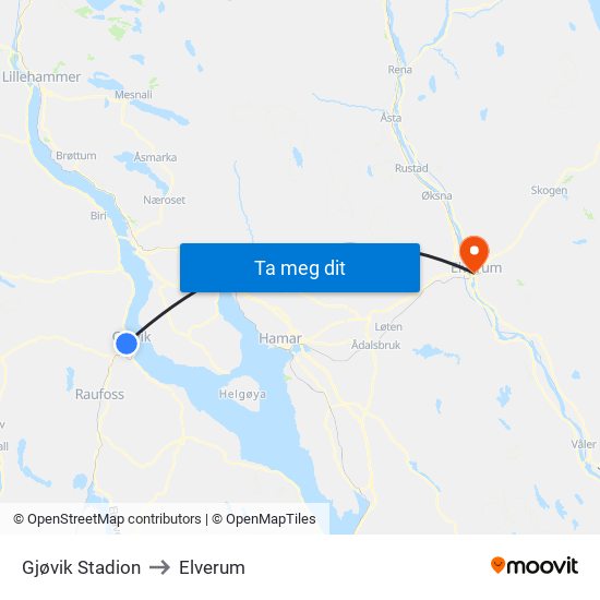 Gjøvik Stadion to Elverum map
