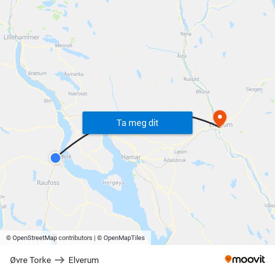 Øvre Torke to Elverum map