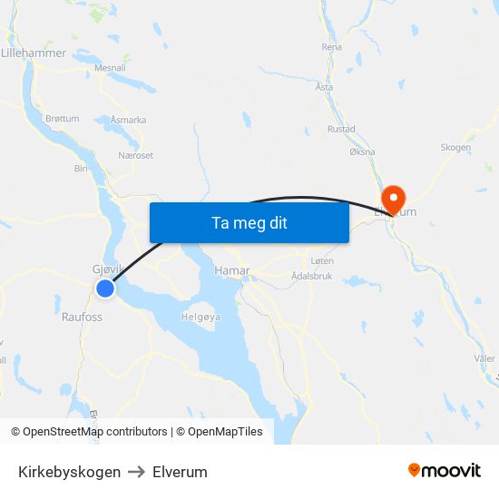 Kirkebyskogen to Elverum map