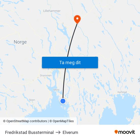 Fredrikstad Bussterminal to Elverum map
