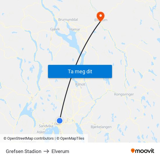 Grefsen Stadion to Elverum map