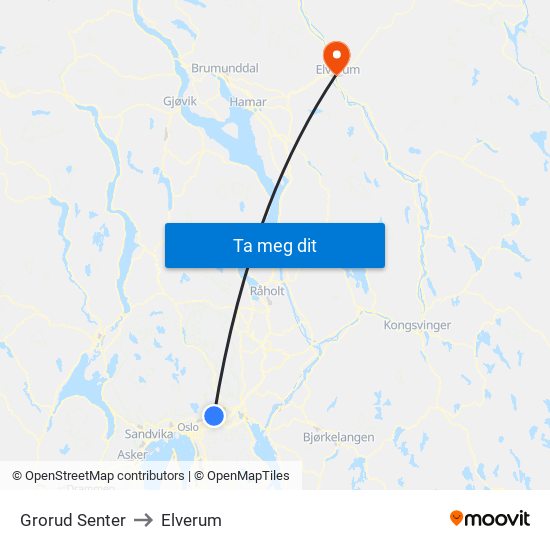 Grorud Senter to Elverum map