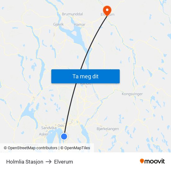 Holmlia Stasjon to Elverum map