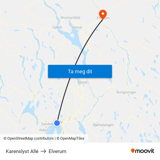 Karenslyst Allé to Elverum map