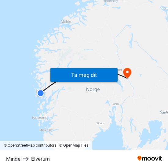 Minde to Elverum map