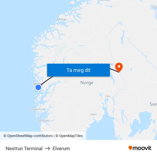 Nesttun Terminal to Elverum map